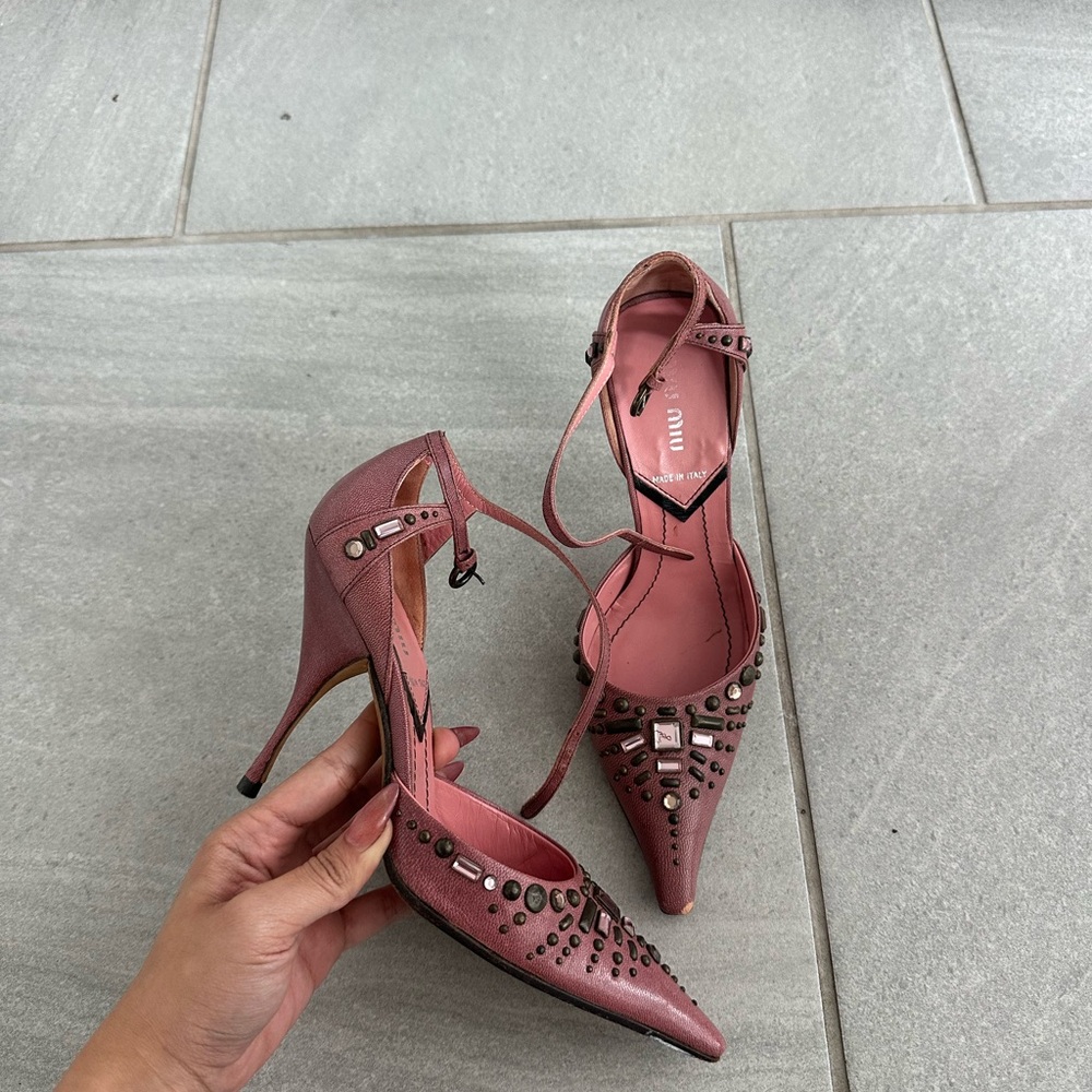 Vintage Miu Miu Pink Embellished Pointed-Toe Ankle-Strap Heels